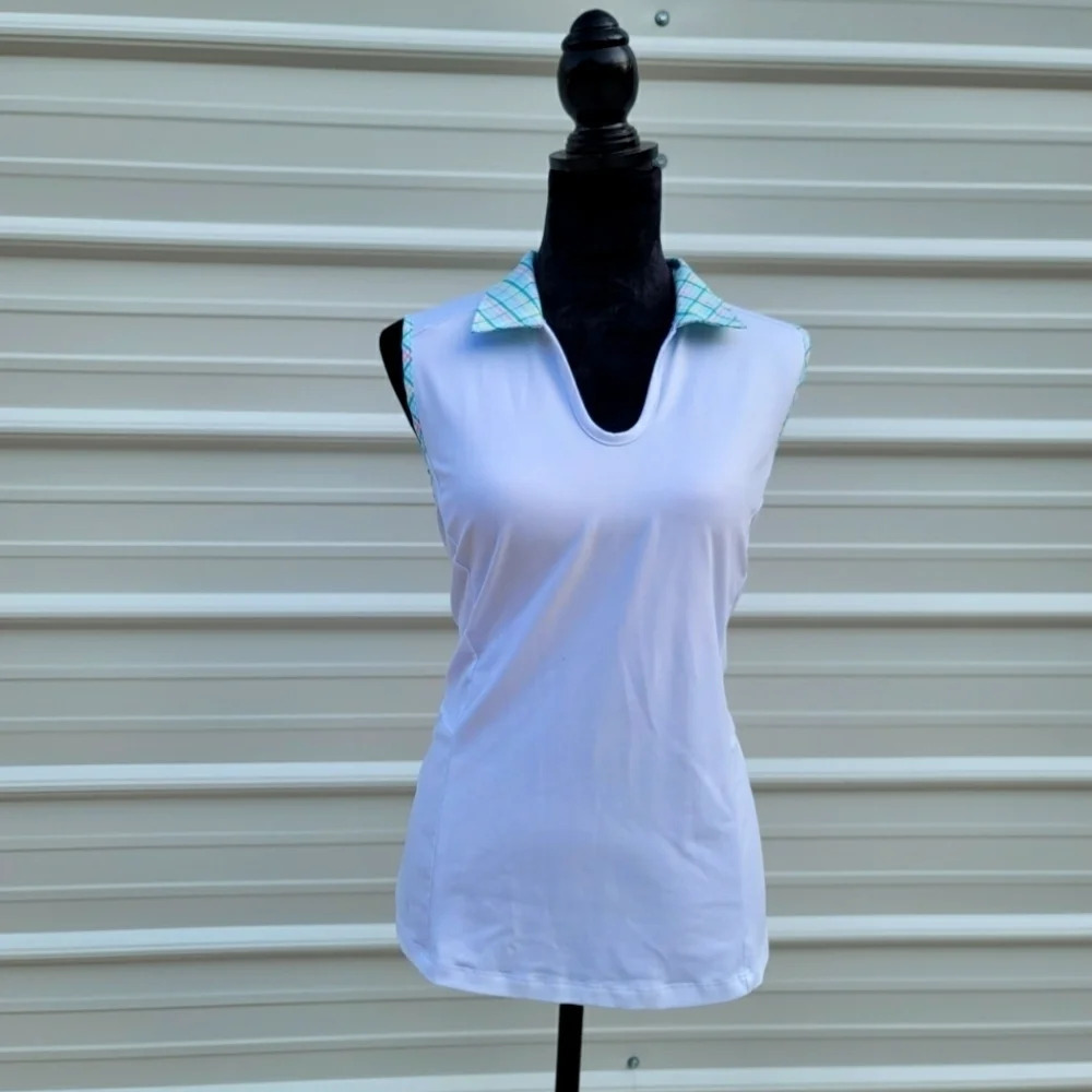 IZOD Golf Womens Collared Sleeveless Cotton V-neck Pullover White Ruffled Top L